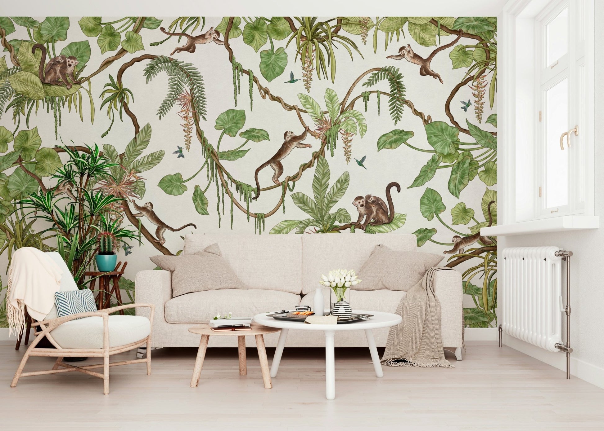 Detailed tropical wallpaper showing monkeys in a vibrant jungle environment – animal wallpaper, jungle wallpaper.