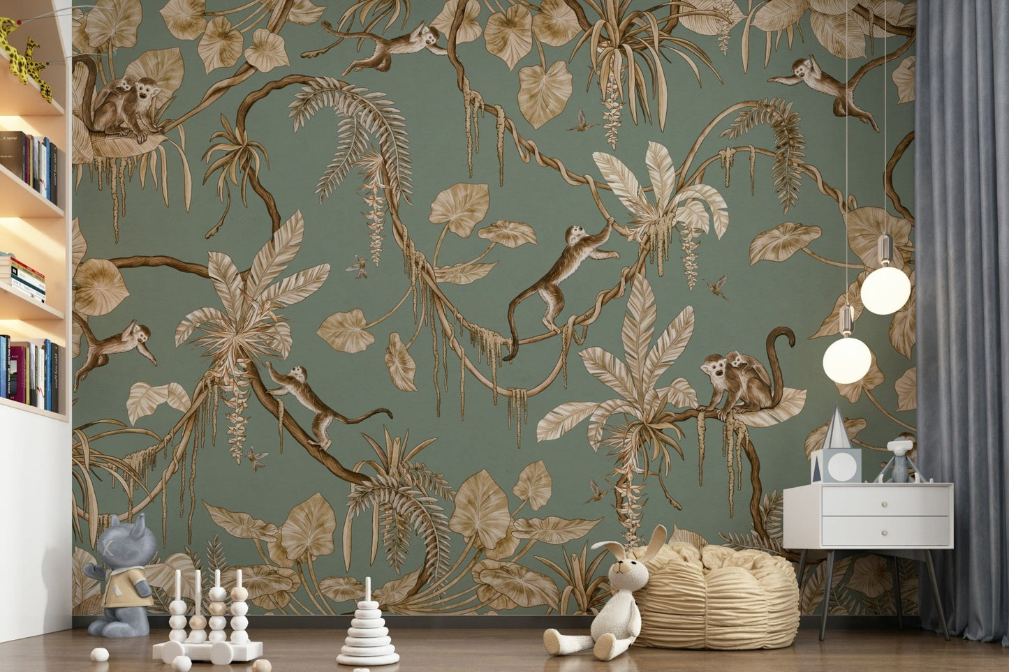 Whimsical mural of monkeys exploring a dense jungle setting