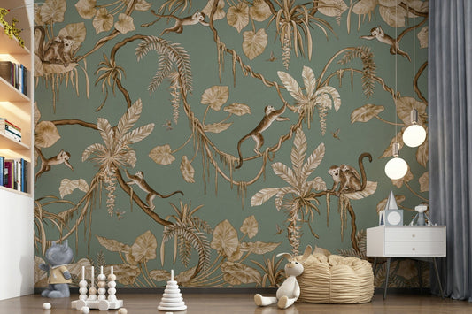 Whimsical mural of monkeys exploring a dense jungle setting