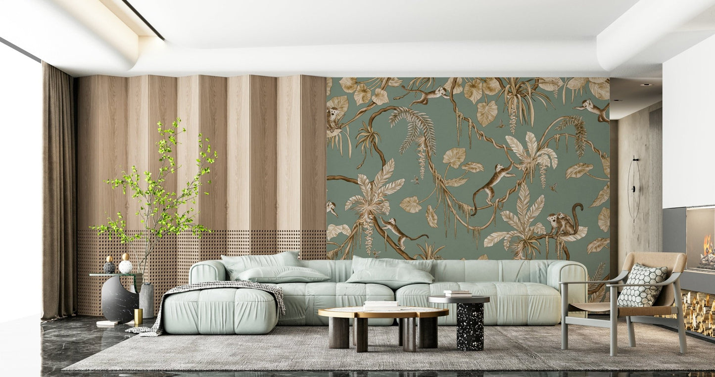 Fun and playful wall mural of monkeys in a vibrant tropical scene