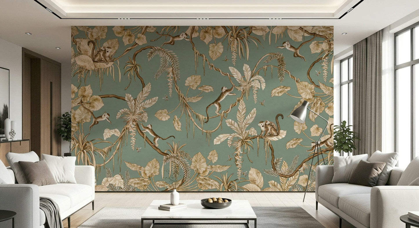 Artistic wall mural blending mischievous monkeys with lush jungle plants