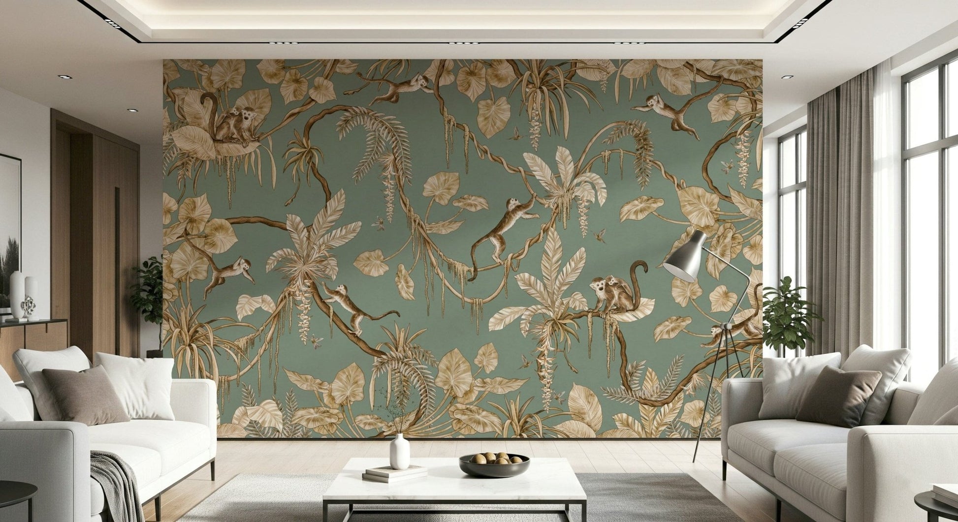 Artistic wall mural blending mischievous monkeys with lush jungle plants