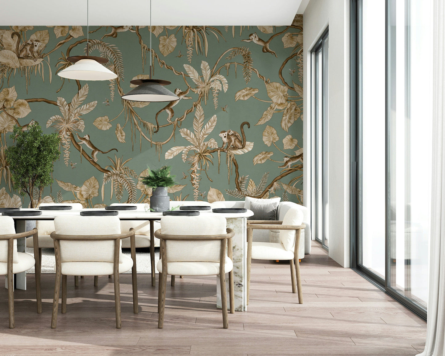 Lively wall mural of monkeys climbing trees and swinging on vines