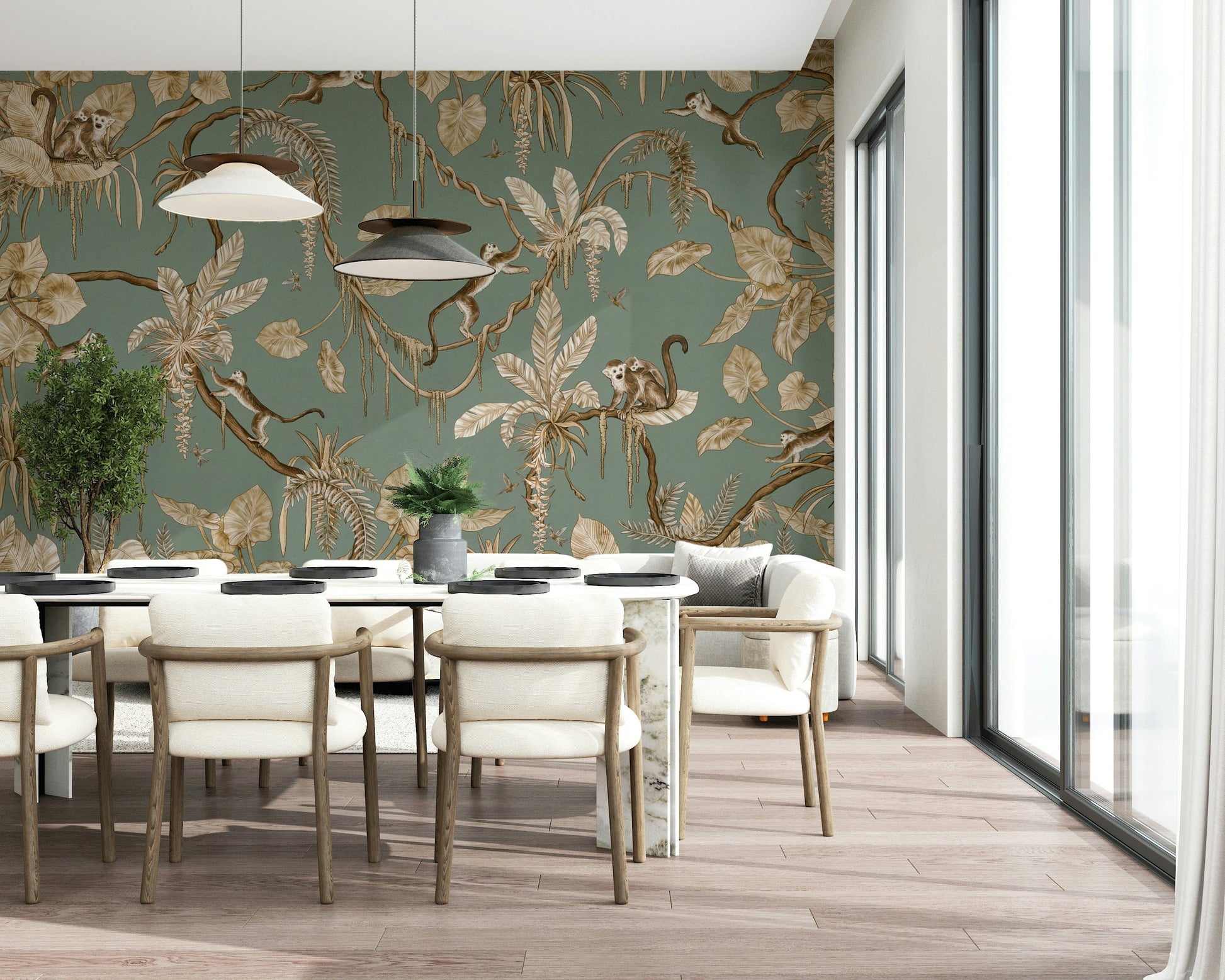 Lively wall mural of monkeys climbing trees and swinging on vines