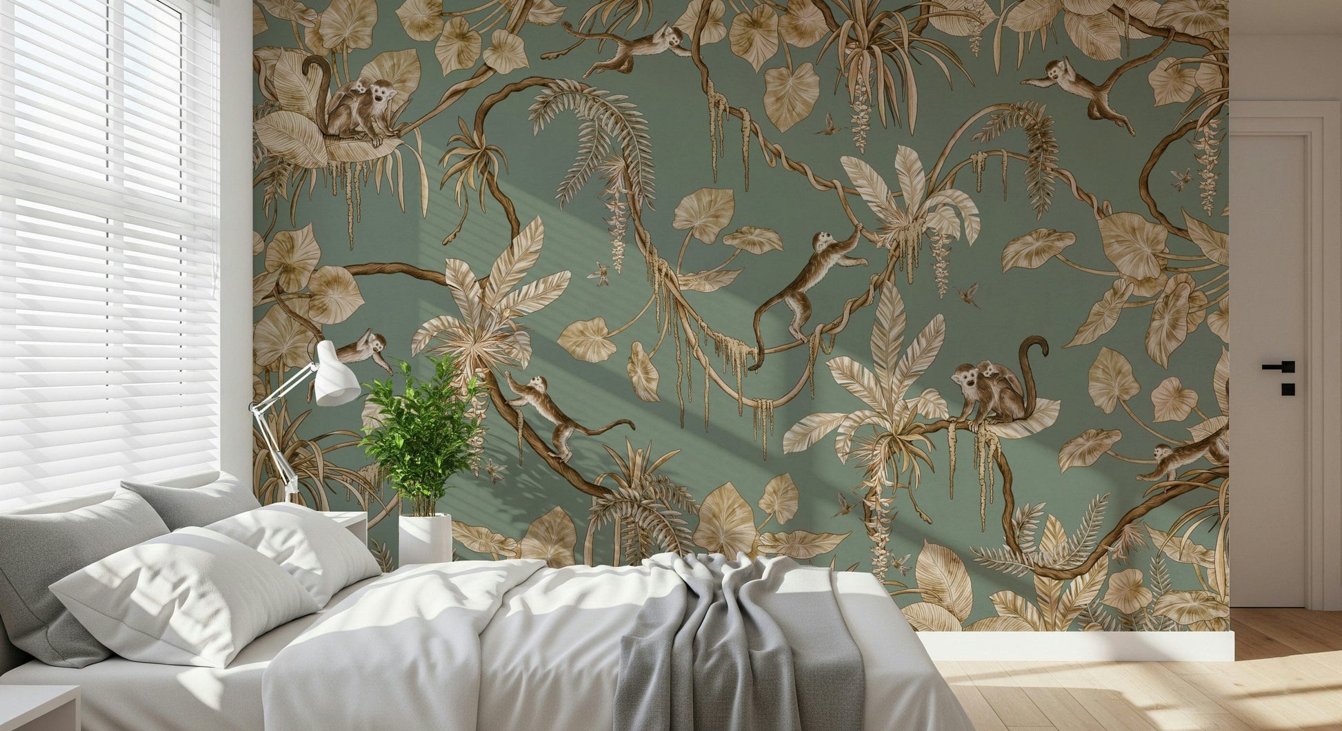 Tropical wallpaper with playful monkeys interacting amid vibrant foliage