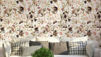 Monkeys & Blooms Wallpaper with chinoiserie florals and tea sets.

