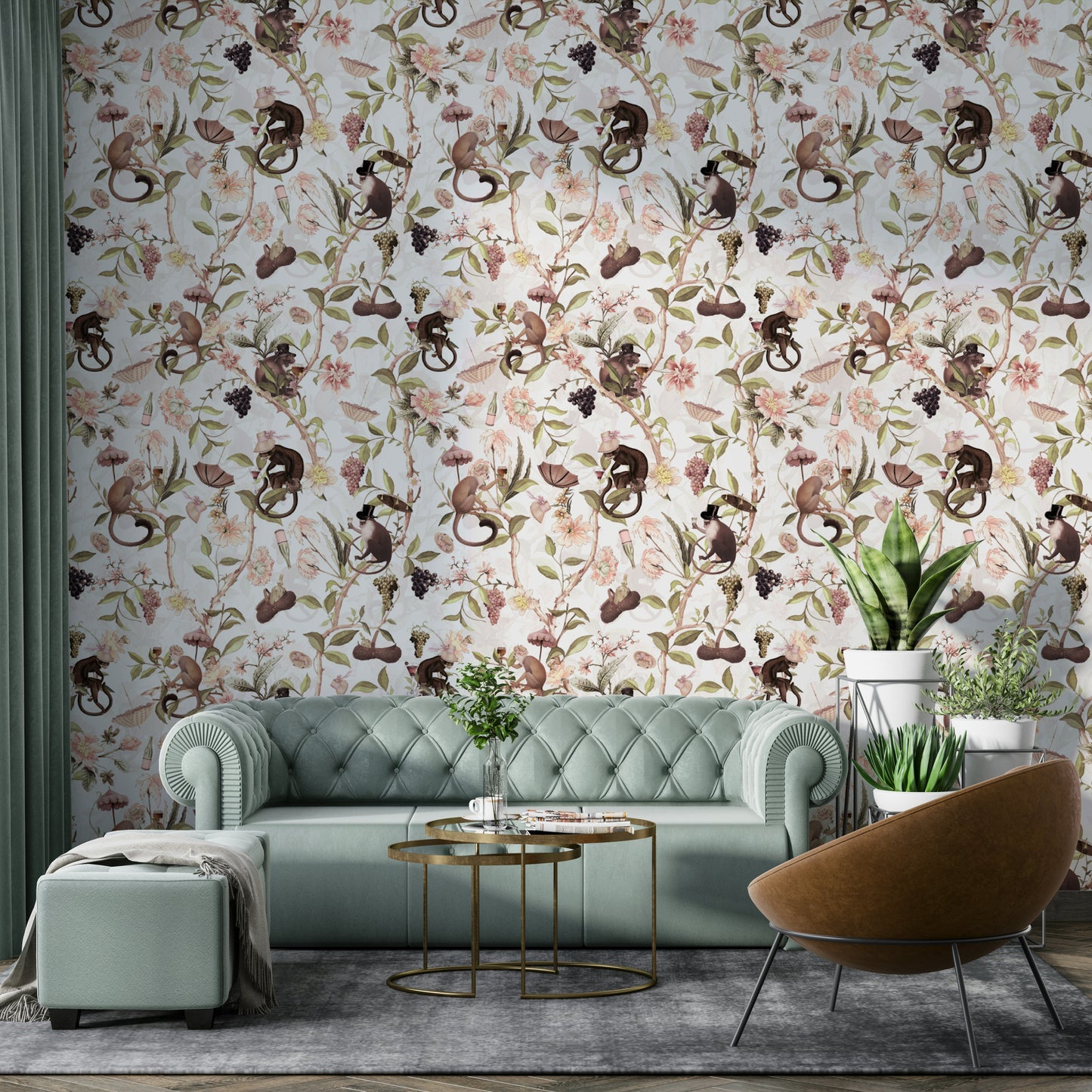 Wallpaper with floral vines, delicate cups, and playful primates.

