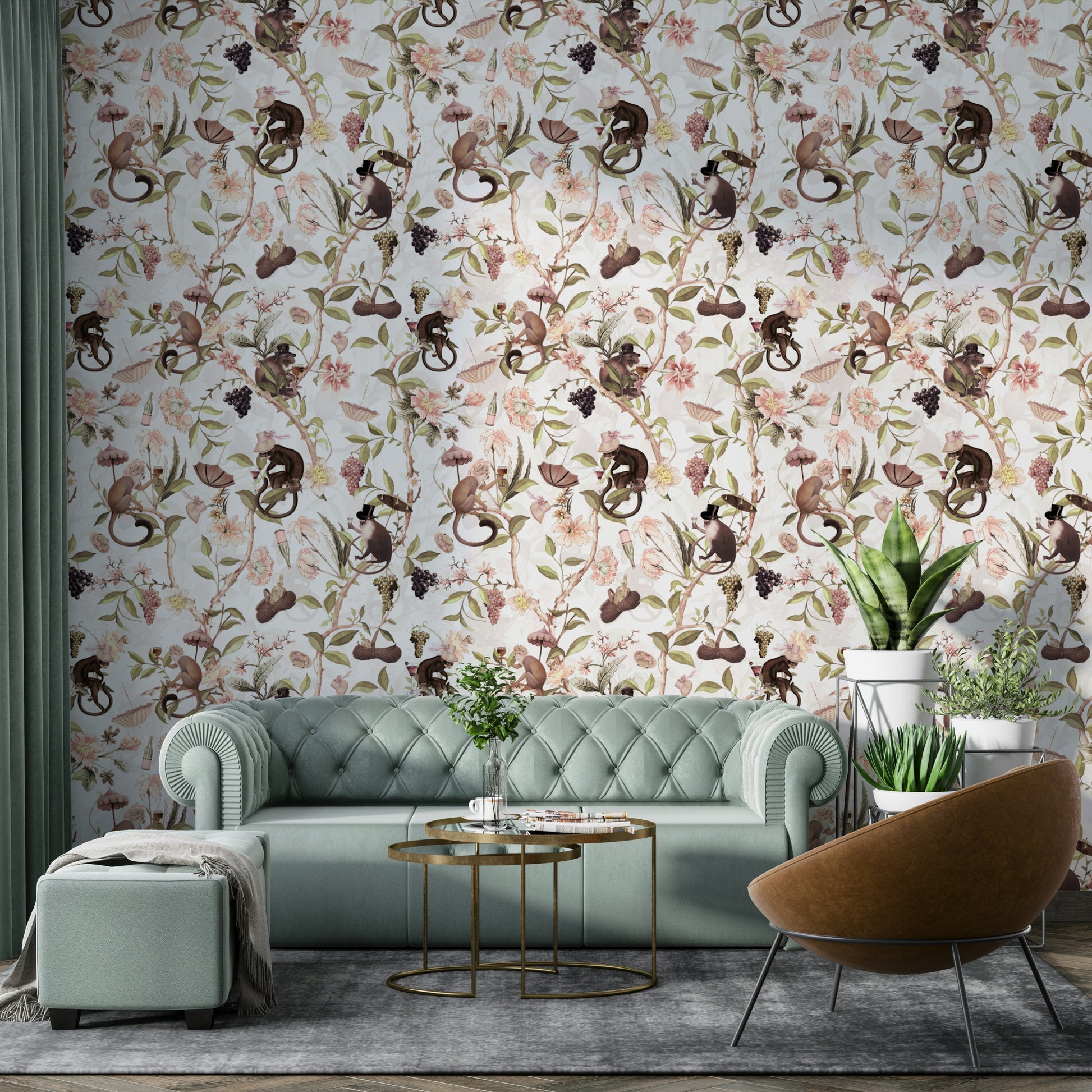 Wallpaper with floral vines, delicate cups, and playful primates.

