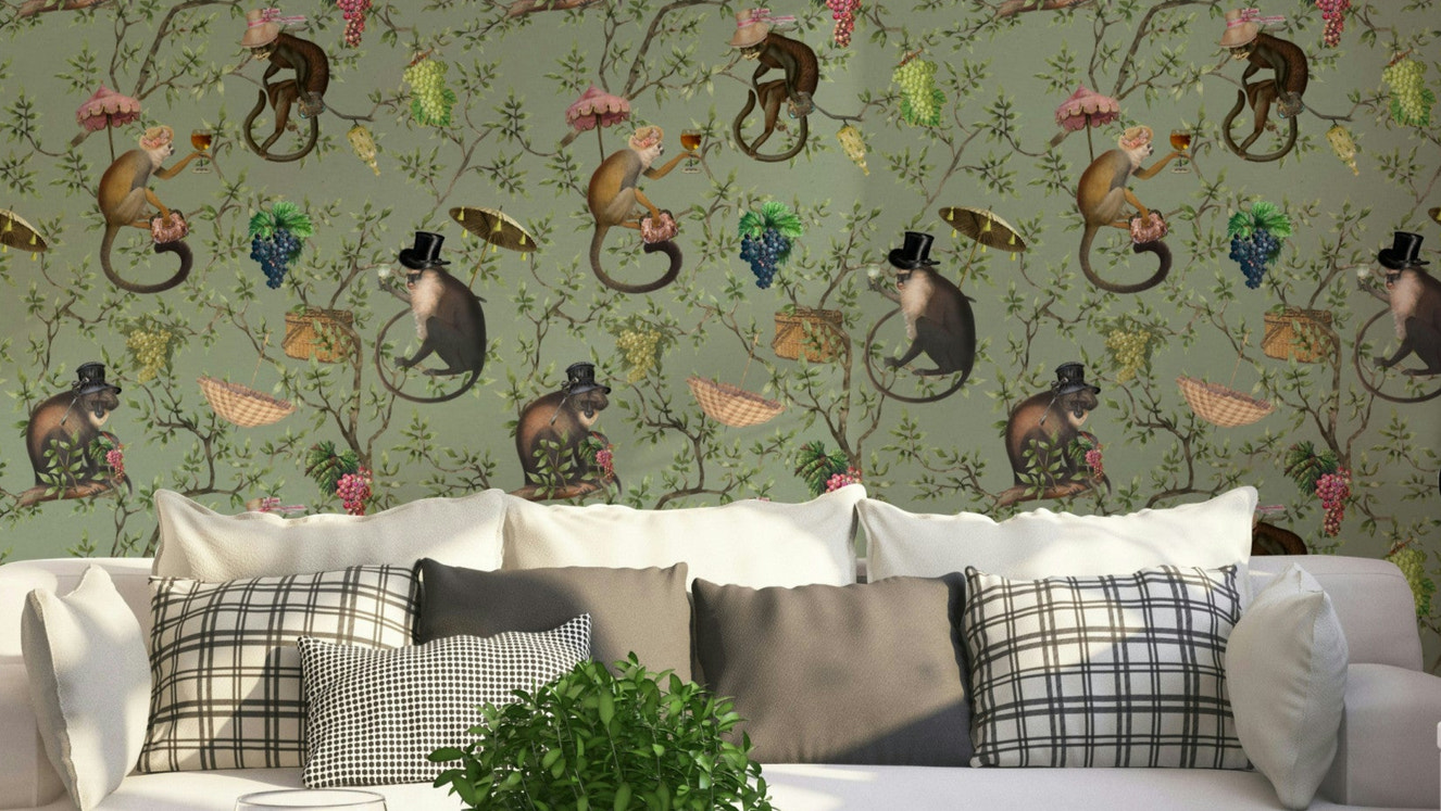 Monkeys in the Vineyard Wallpaper with monkeys and lush grapevines.

