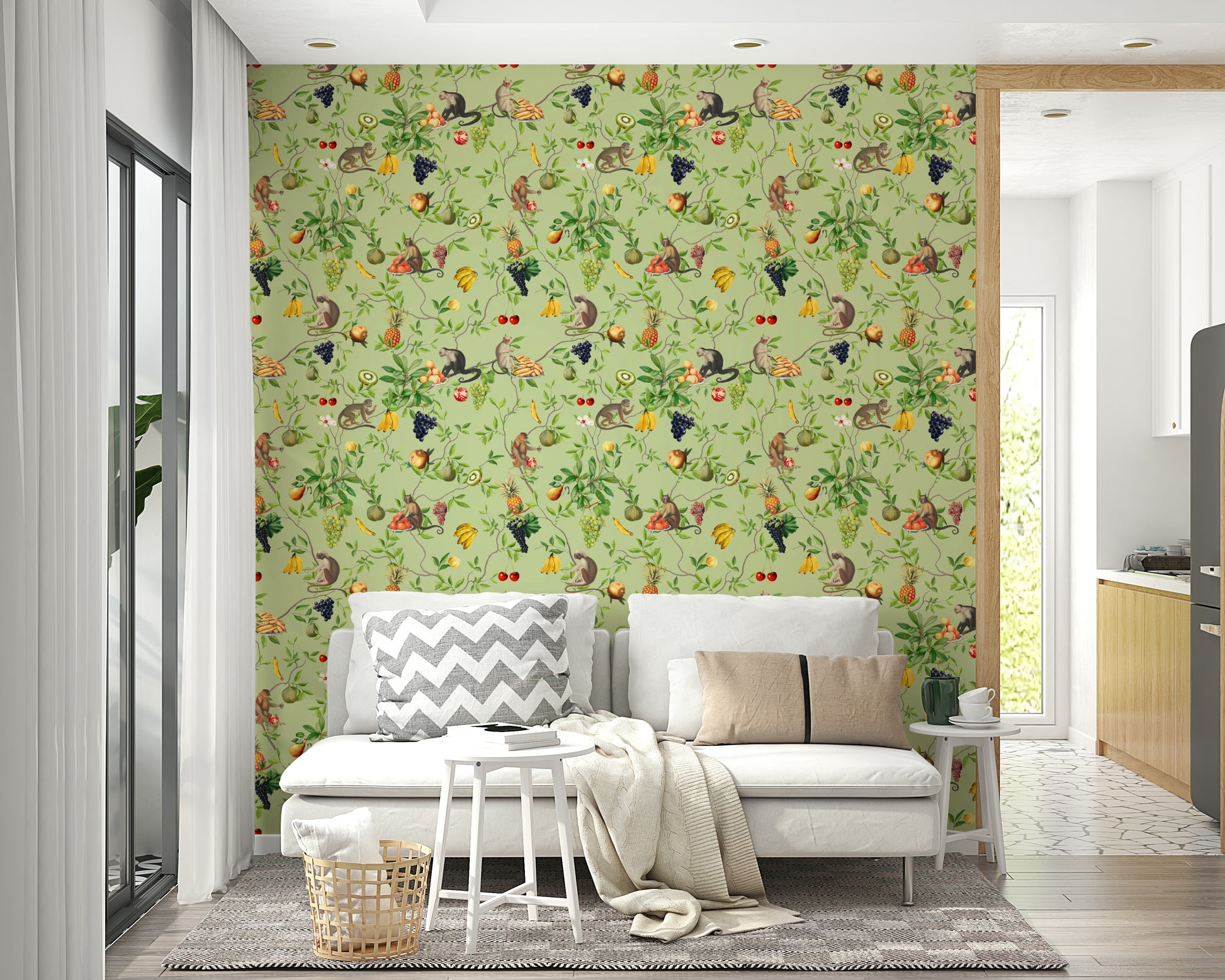 Wallpaper with tropical monkeys surrounded by bananas, papayas, and bright foliage.

