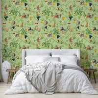 Fun tropical wallpaper with monkeys and fruit details in bold colors.

