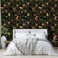 Lively jungle wallpaper with monkeys, foliage, and colorful accents.

