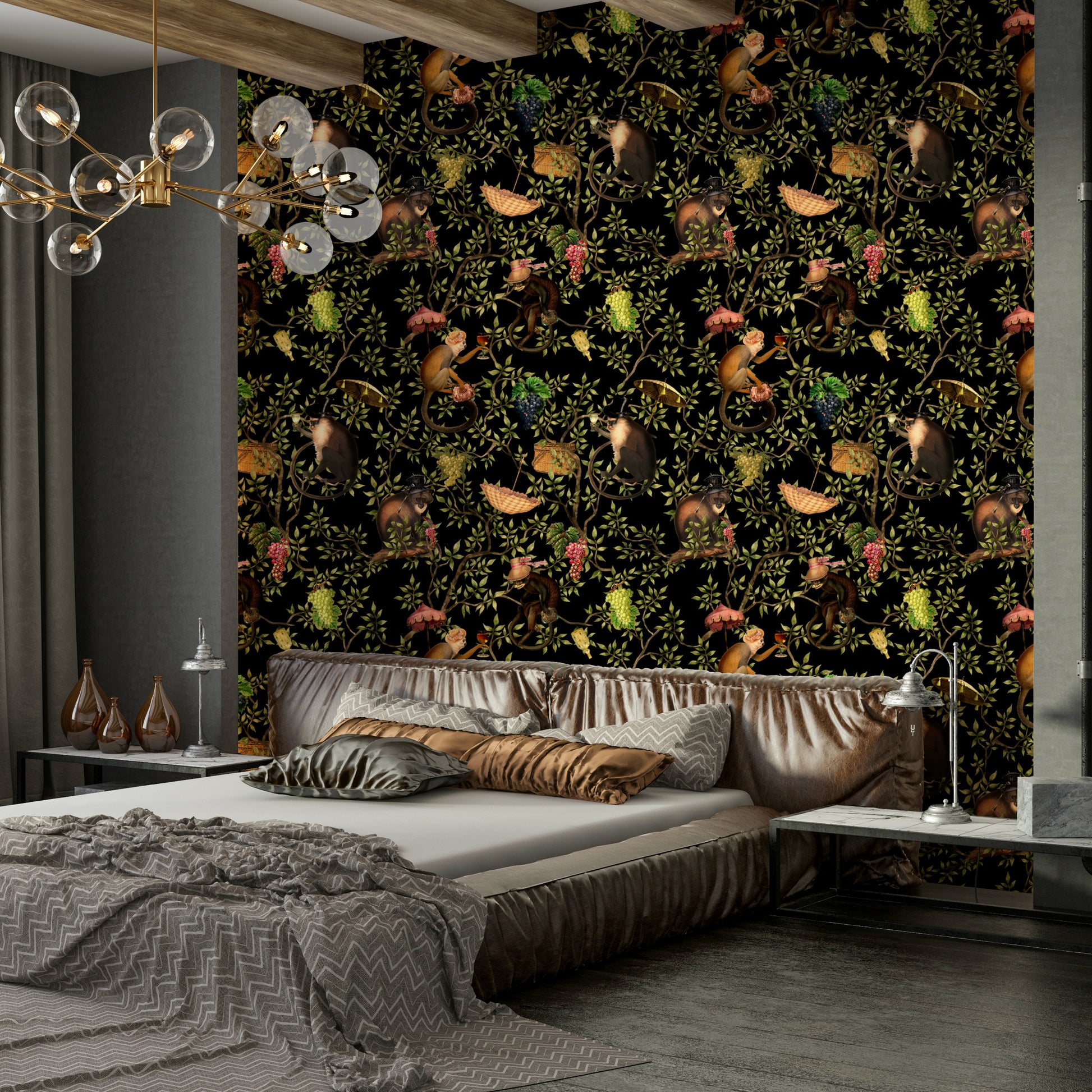 Jungle-inspired mural with lively monkeys and lush, winding vines.


