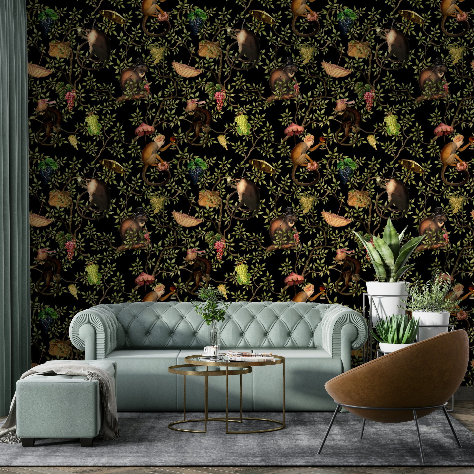 Whimsical wallpaper design with monkeys, vines, and bright tropical foliage.

