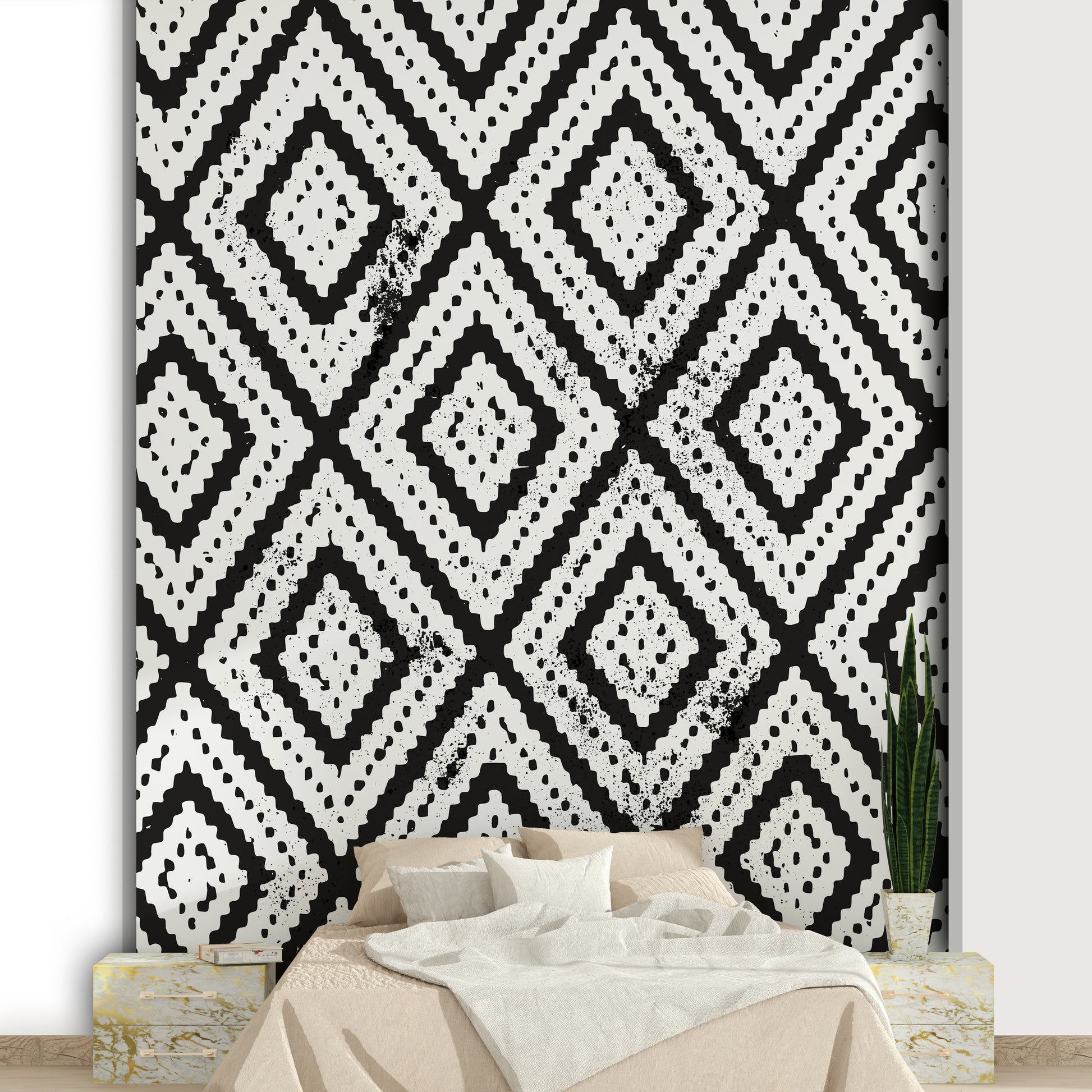 Minimalist mural wallpaper in grayscale tones

