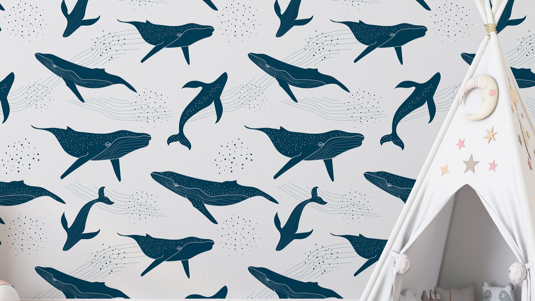 Elegant monochrome blue whale wallpaper