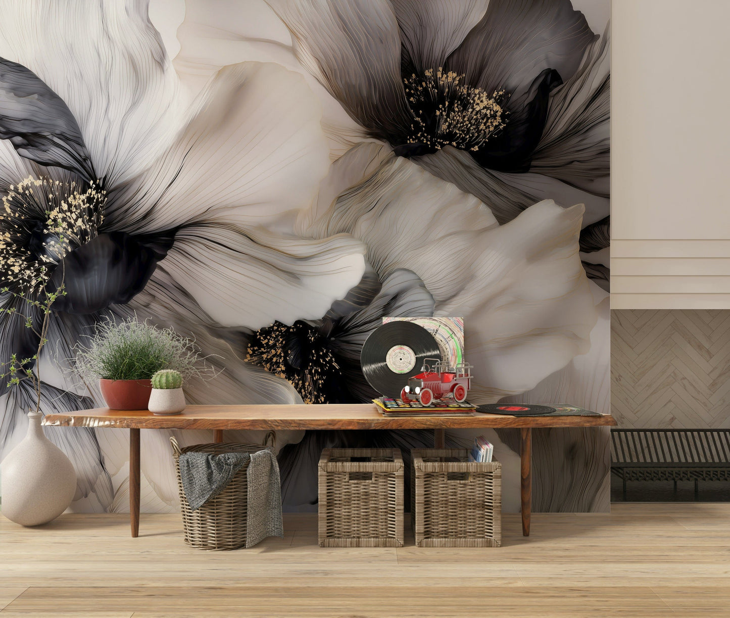 Flowing organic shapes Monochrome Petal Ink Flow Harmony wallpaper