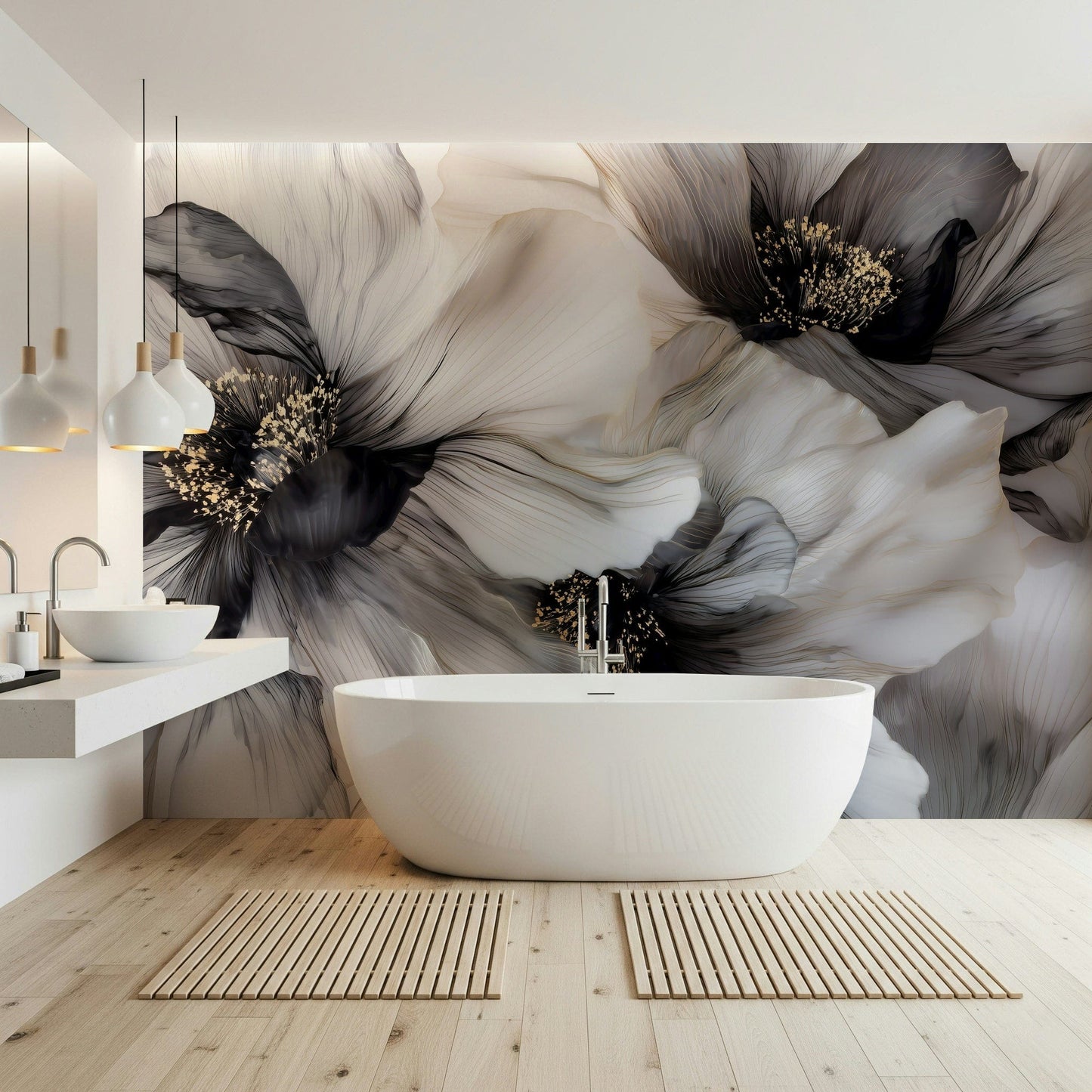Smoky charcoal Monochrome Petal Ink Flow Harmony wall mural
