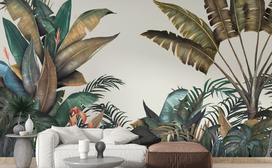Monochrome Green & Dusty Yellow Leaves Wallpaper
