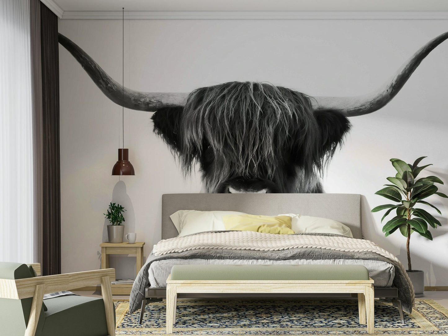 Highland cow wall mural with bold contrast and details

