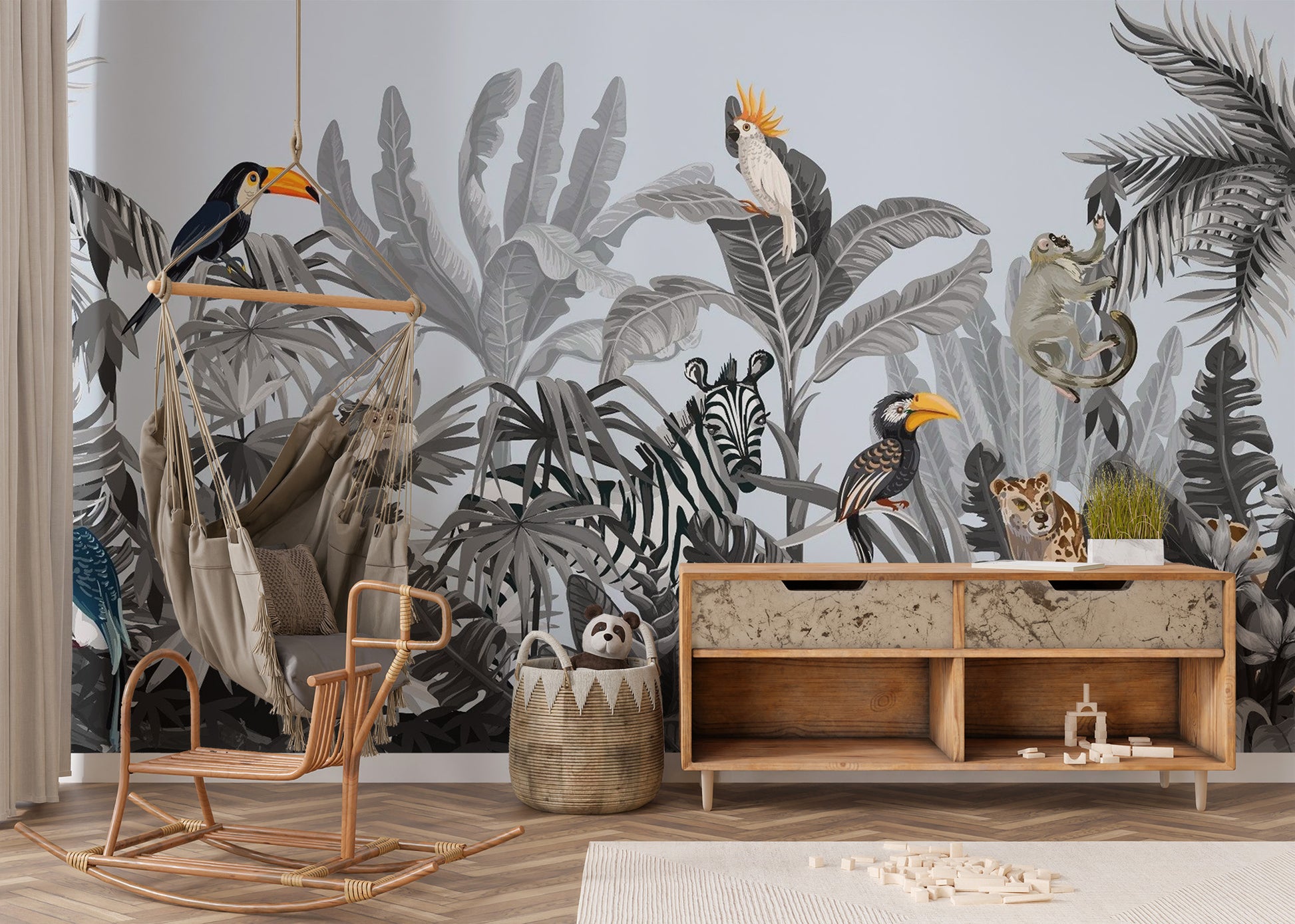 Monochrome Kids Jungle Wallpaper Mural - Giffywalls