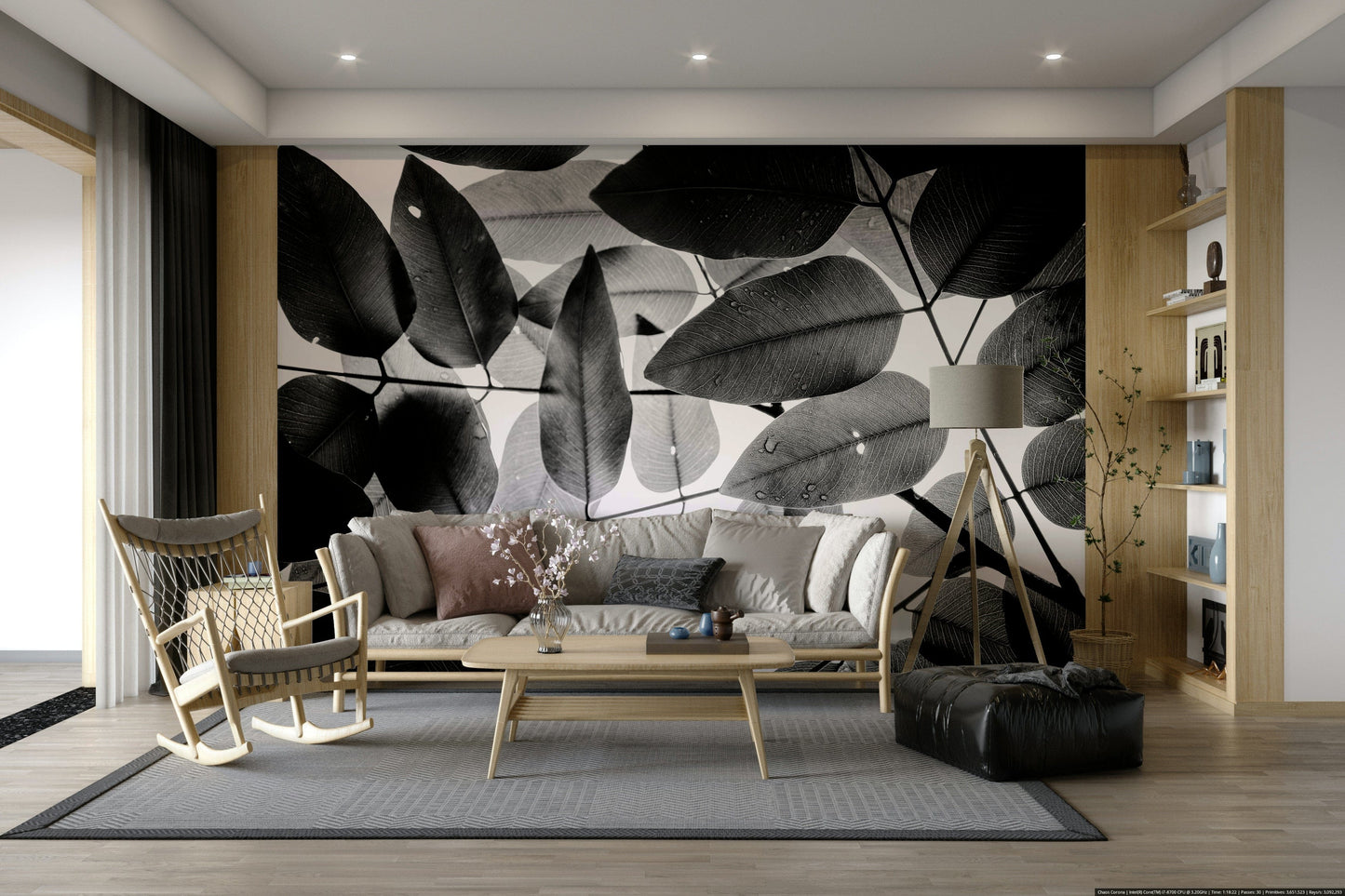 A peaceful nature study mural on decorative wallpaper.

