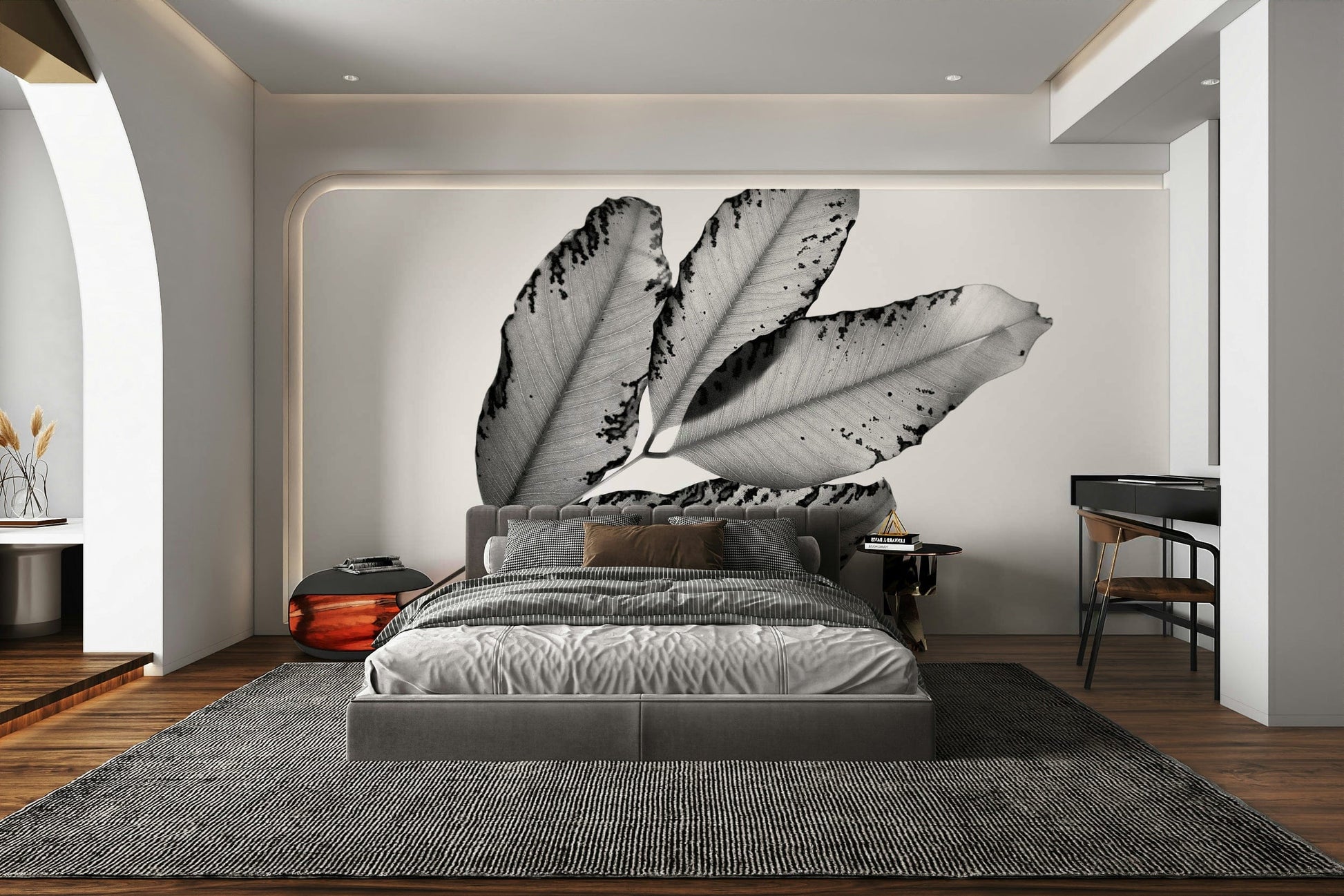 A contemplative leaf pattern wallpaper mural for a feature wall.

