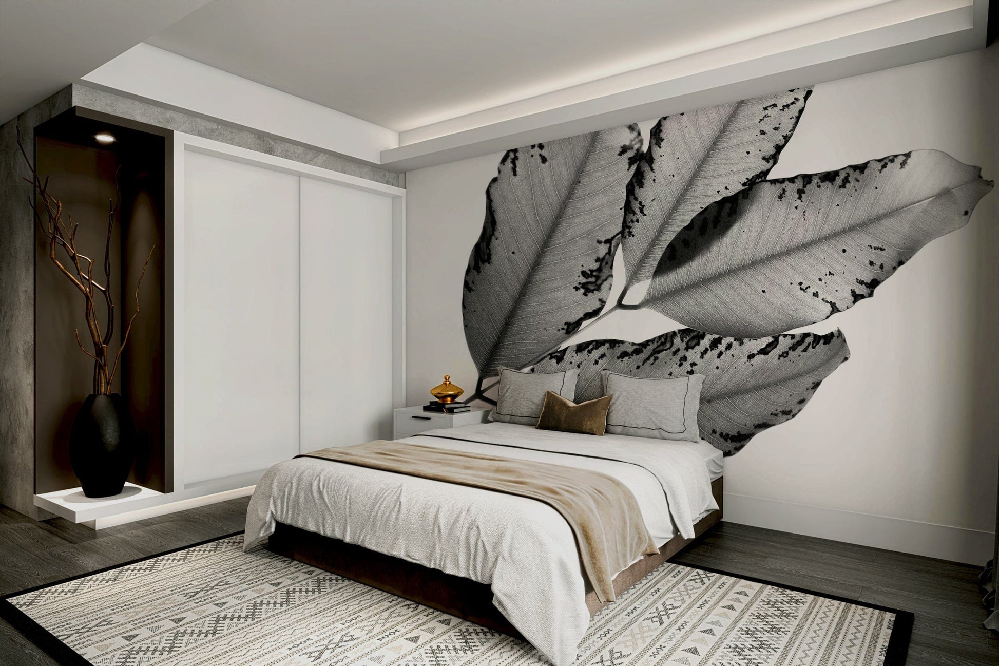 An artistic branch and leaf mural on minimalist wallpaper.

