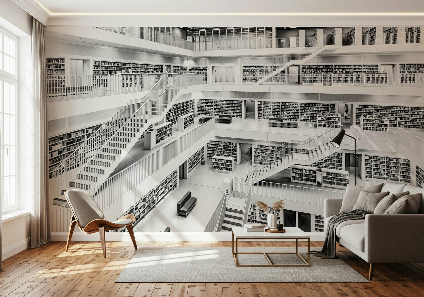 Minimalist grayscale library mural perfect for home offices, studies, or living rooms.