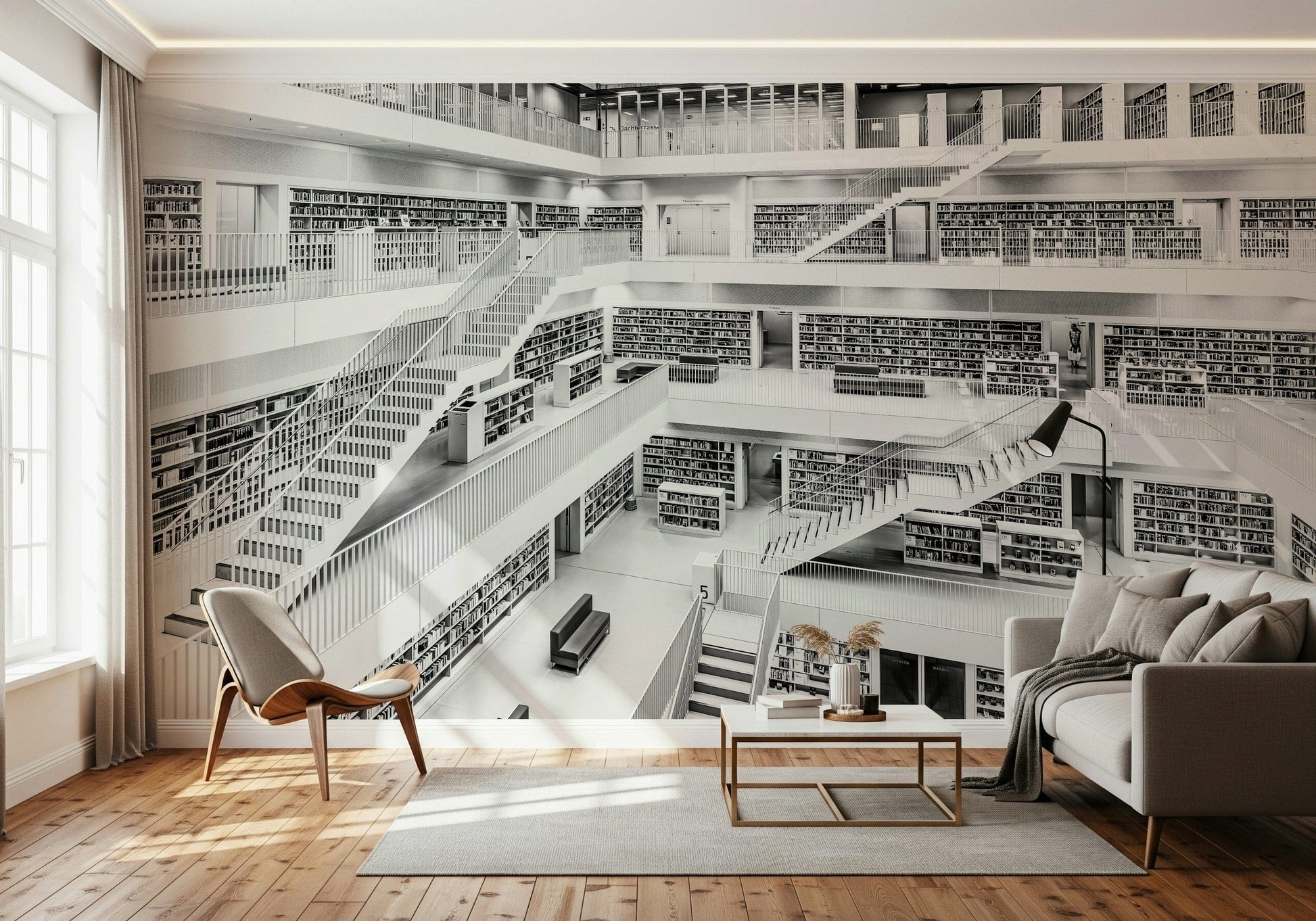 Minimalist grayscale library mural perfect for home offices, studies, or living rooms.