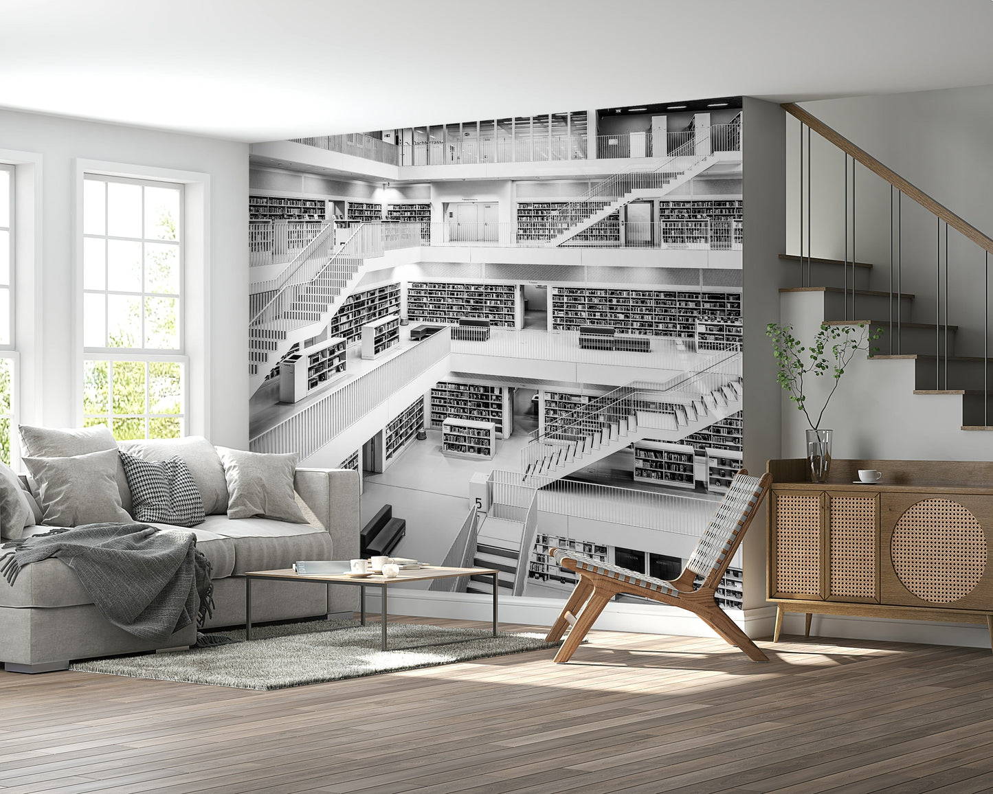 Monochrome Library wallpaper with detailed book spines for a timeless, intellectual vibe.