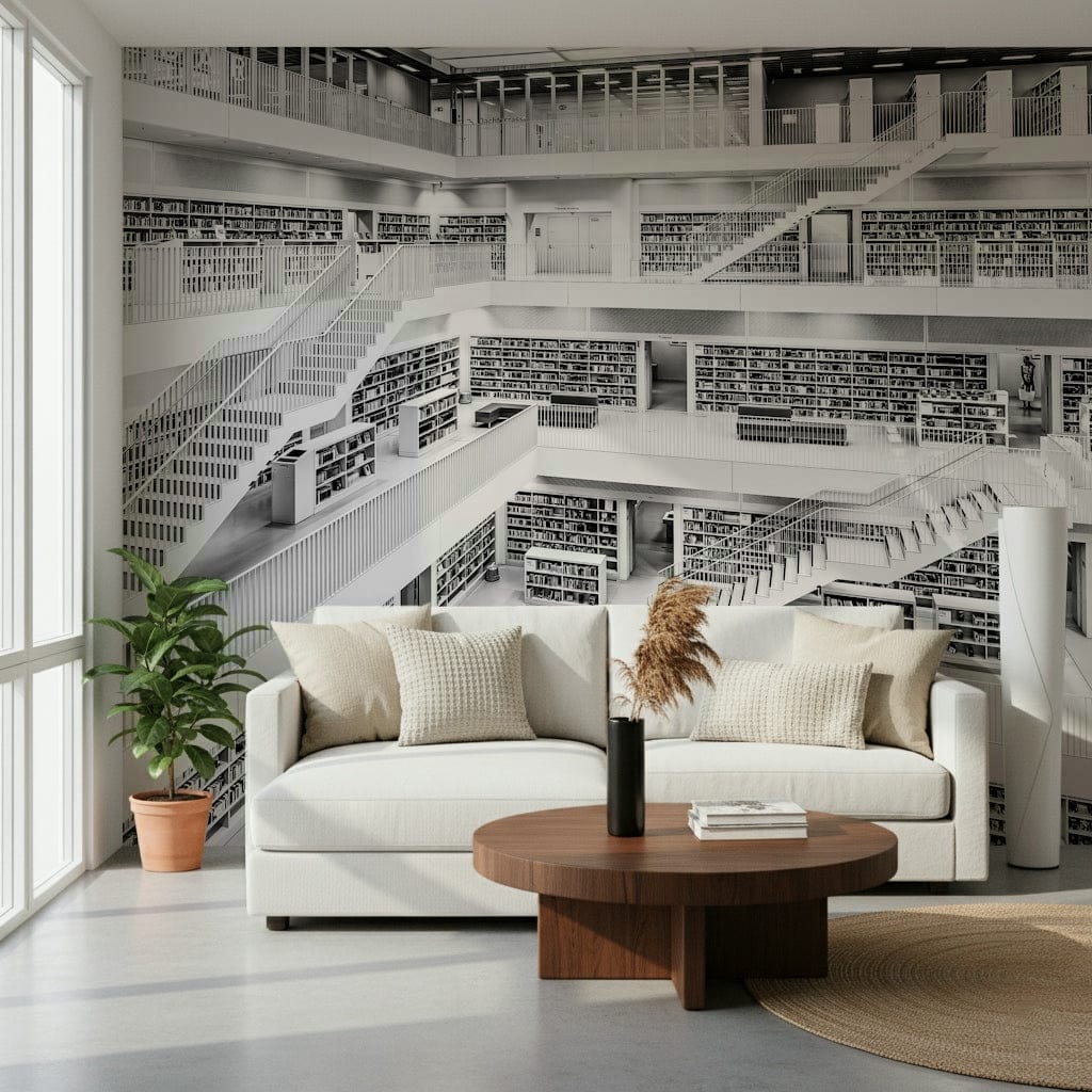 Artistic monochrome mural depicting books and shelves for cozy reading rooms.