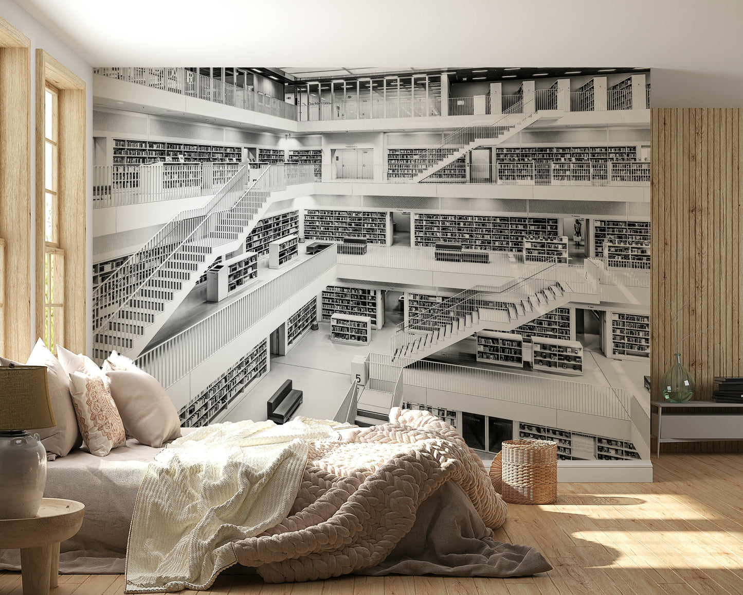 Library-themed wallpaper in grayscale tones for modern or vintage-inspired spaces.