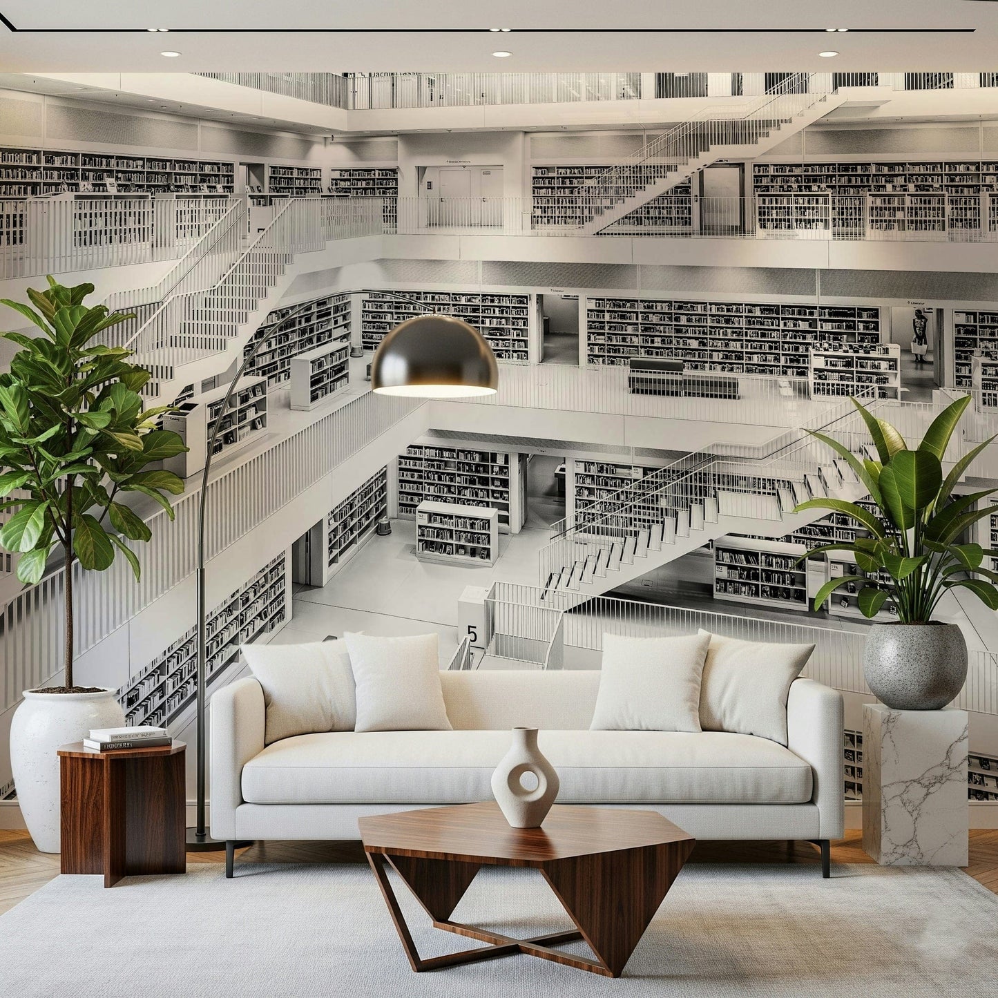 Monochrome Library Wall Mural featuring black-and-white bookshelves for a classic library look.