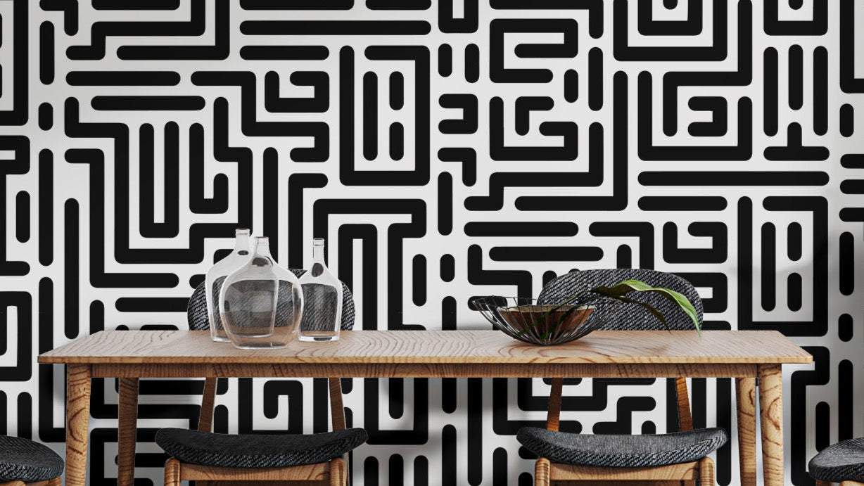 Intricate black-and-white geometric labyrinth
