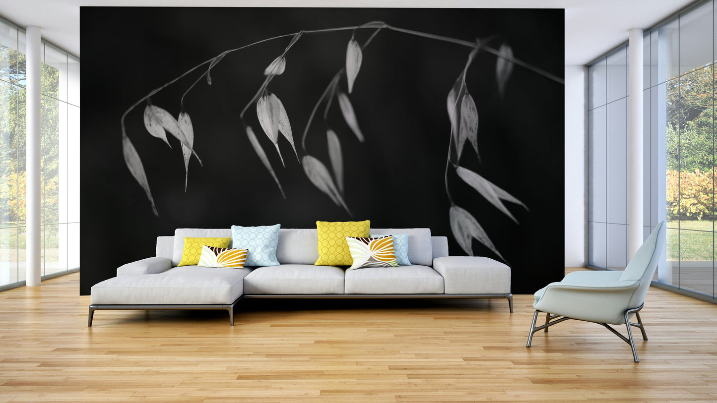 A minimalist interior with the black and white botanical wallpaper.

