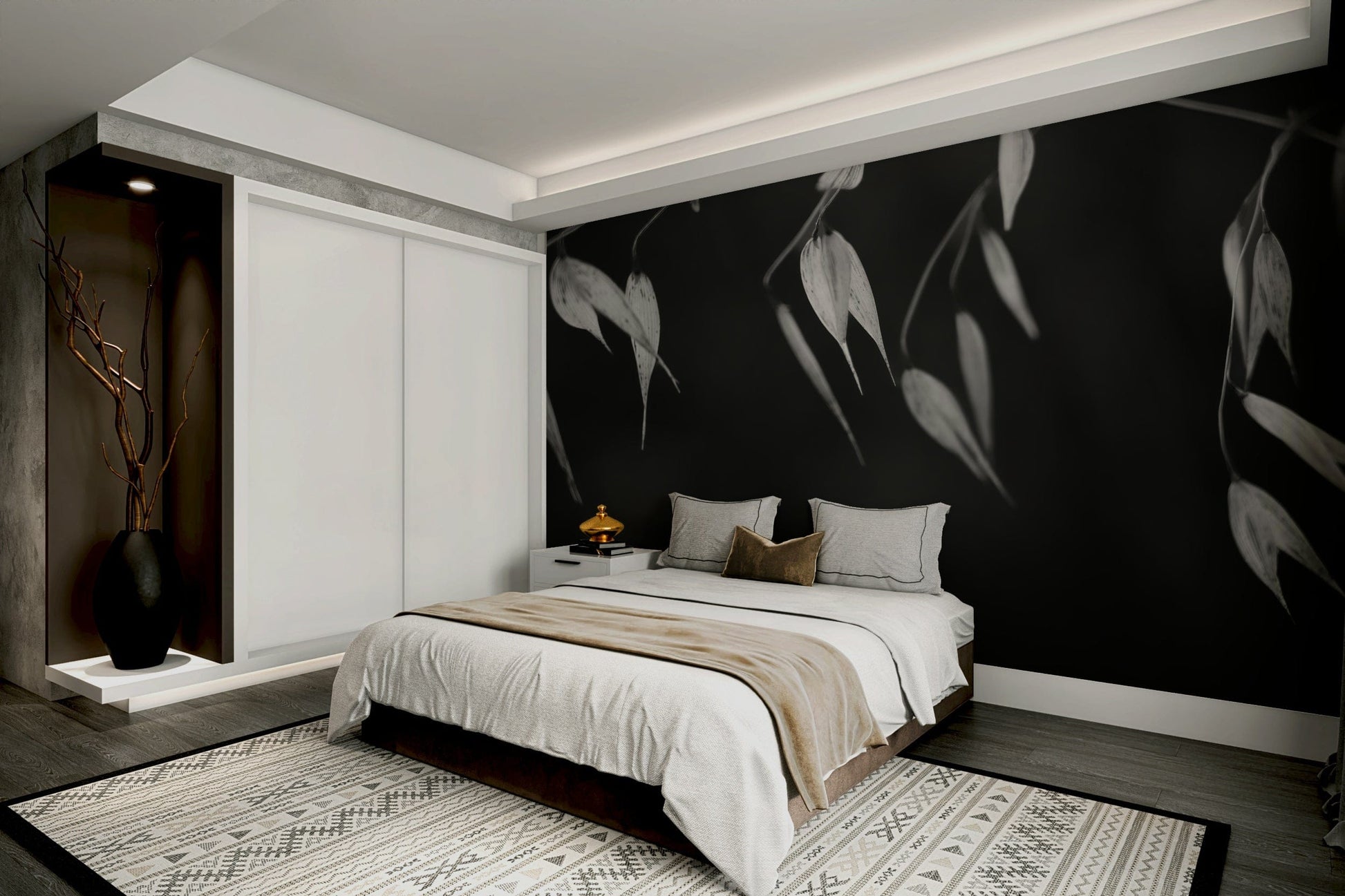 The peel and stick wallpaper showing realistic plant textures.

