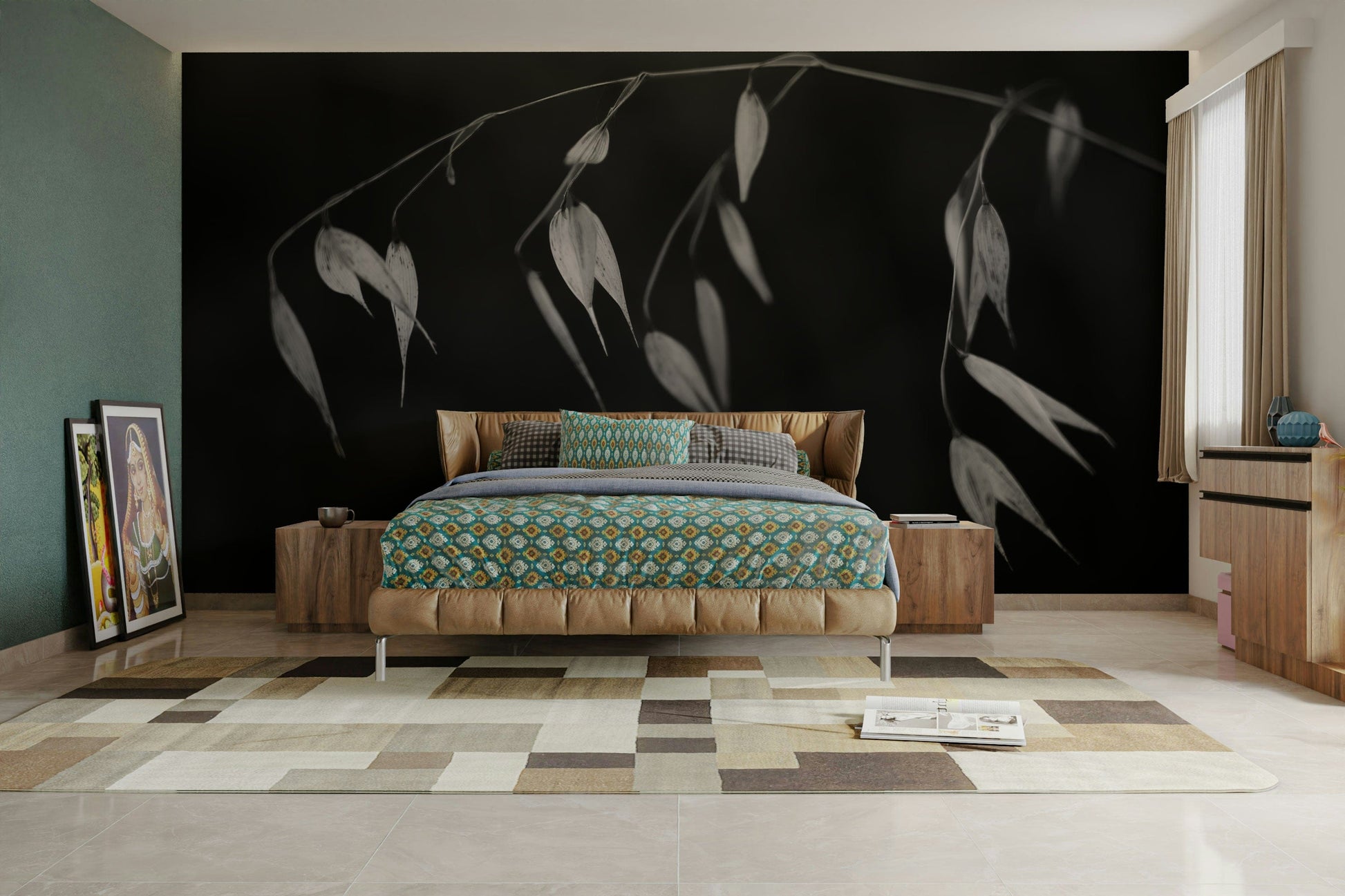 A detail of the graceful, curved lines in the monochrome design.

