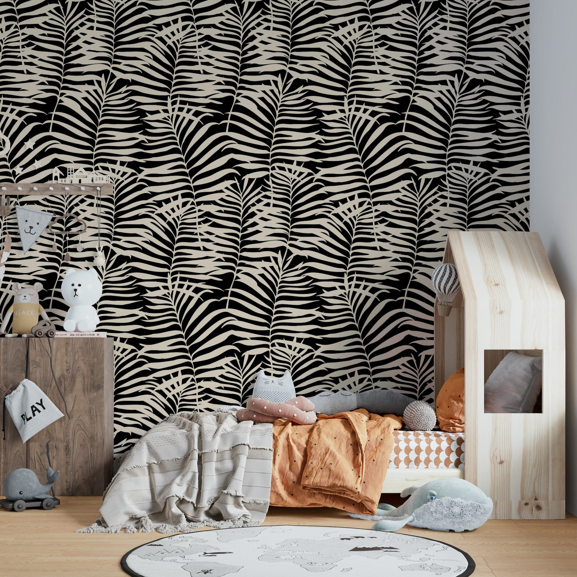 The design is a dense, repeating pattern of large palm leaves.
