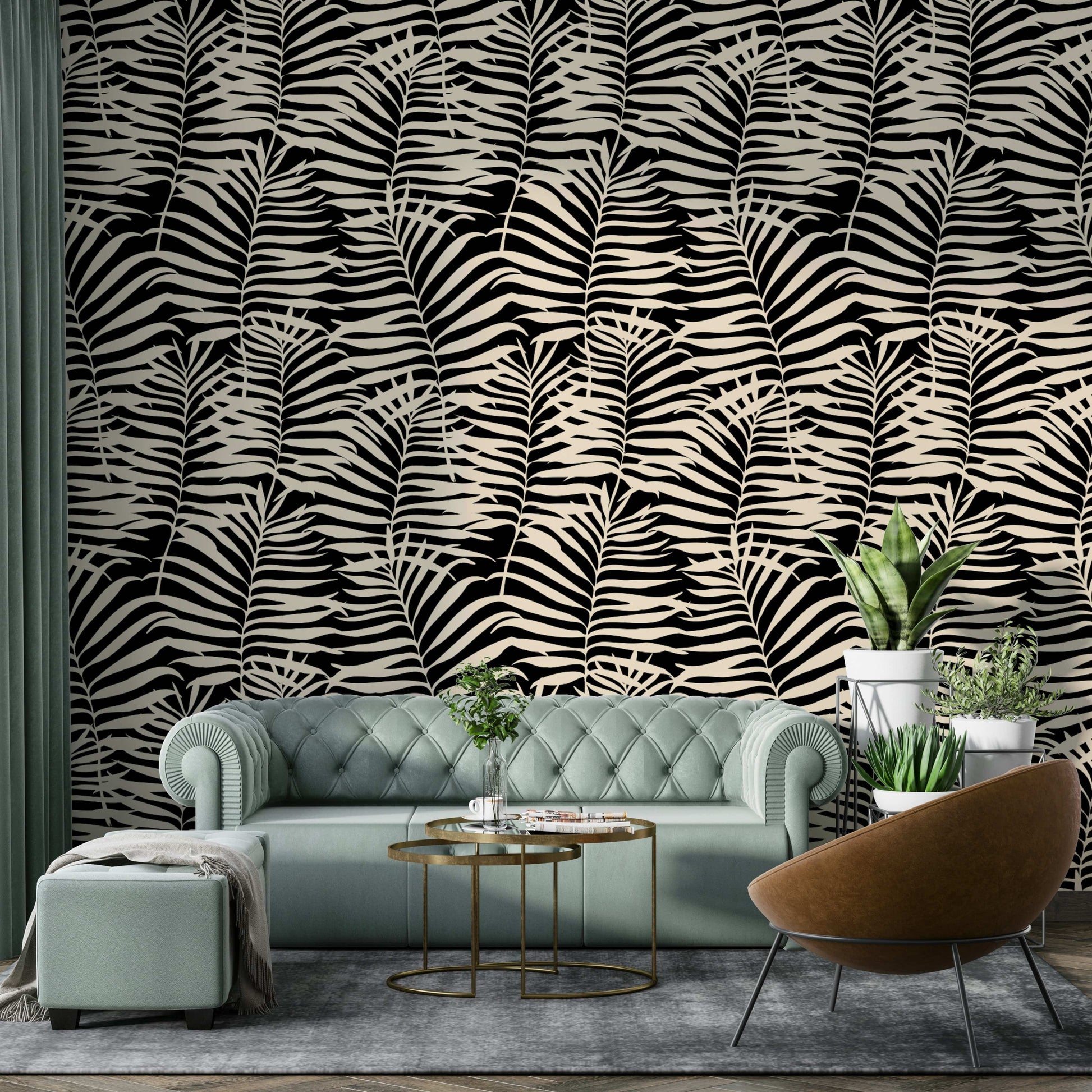 The wallpaper is shown in a stylish living room setting.

