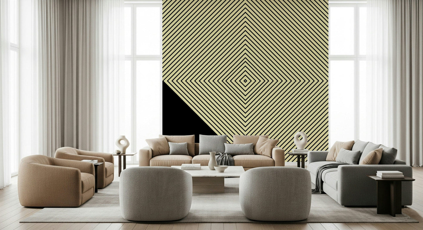 Minimalist monochrome wallpaper where diagonal black lines converge to form a striking peak pattern.