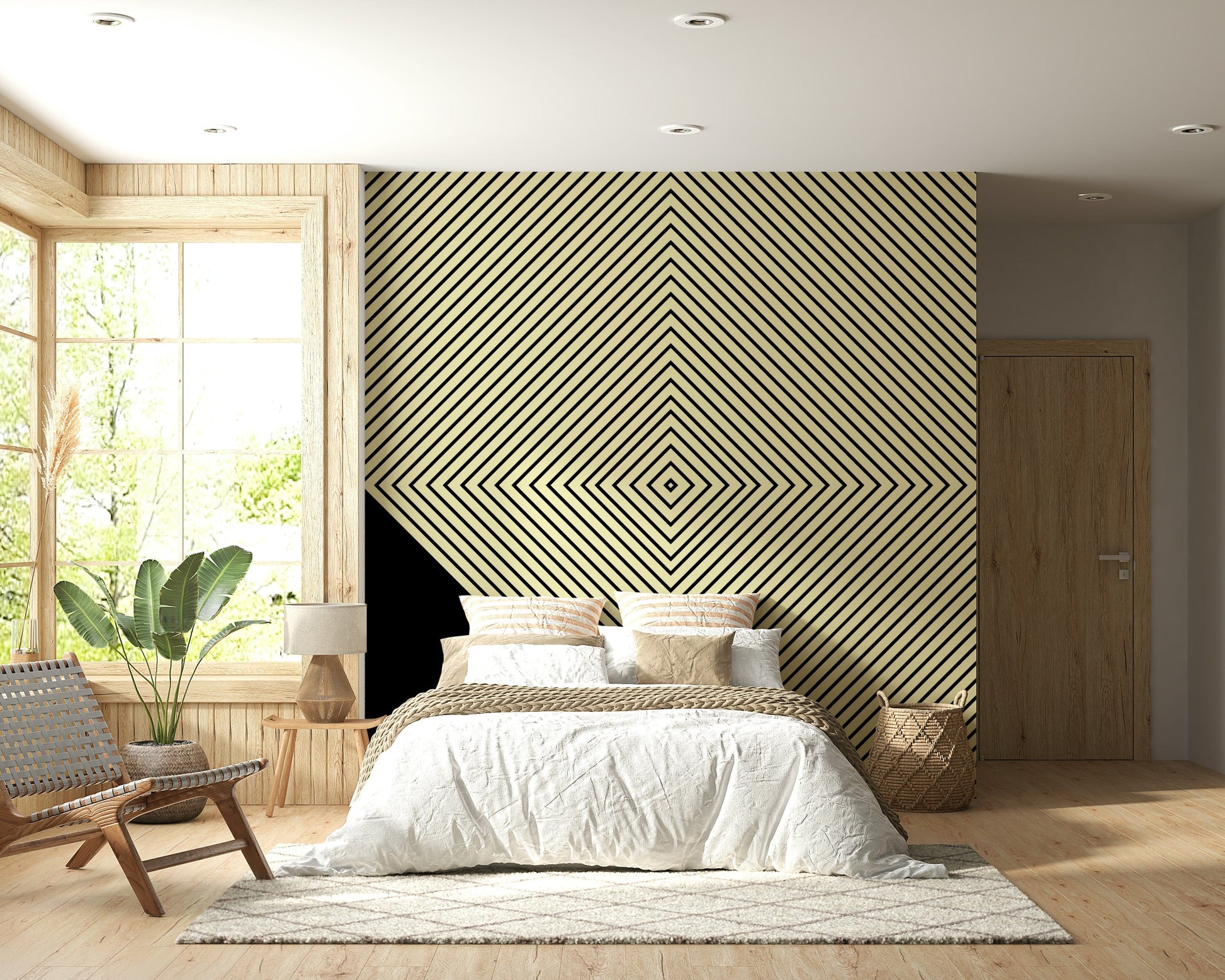 A modern monochrome wallpaper showcasing layered diagonal stripes converging into a central diamond.
