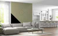 A striking monochrome wallpaper featuring concentric diagonal lines forming a bold diamond peak pattern.