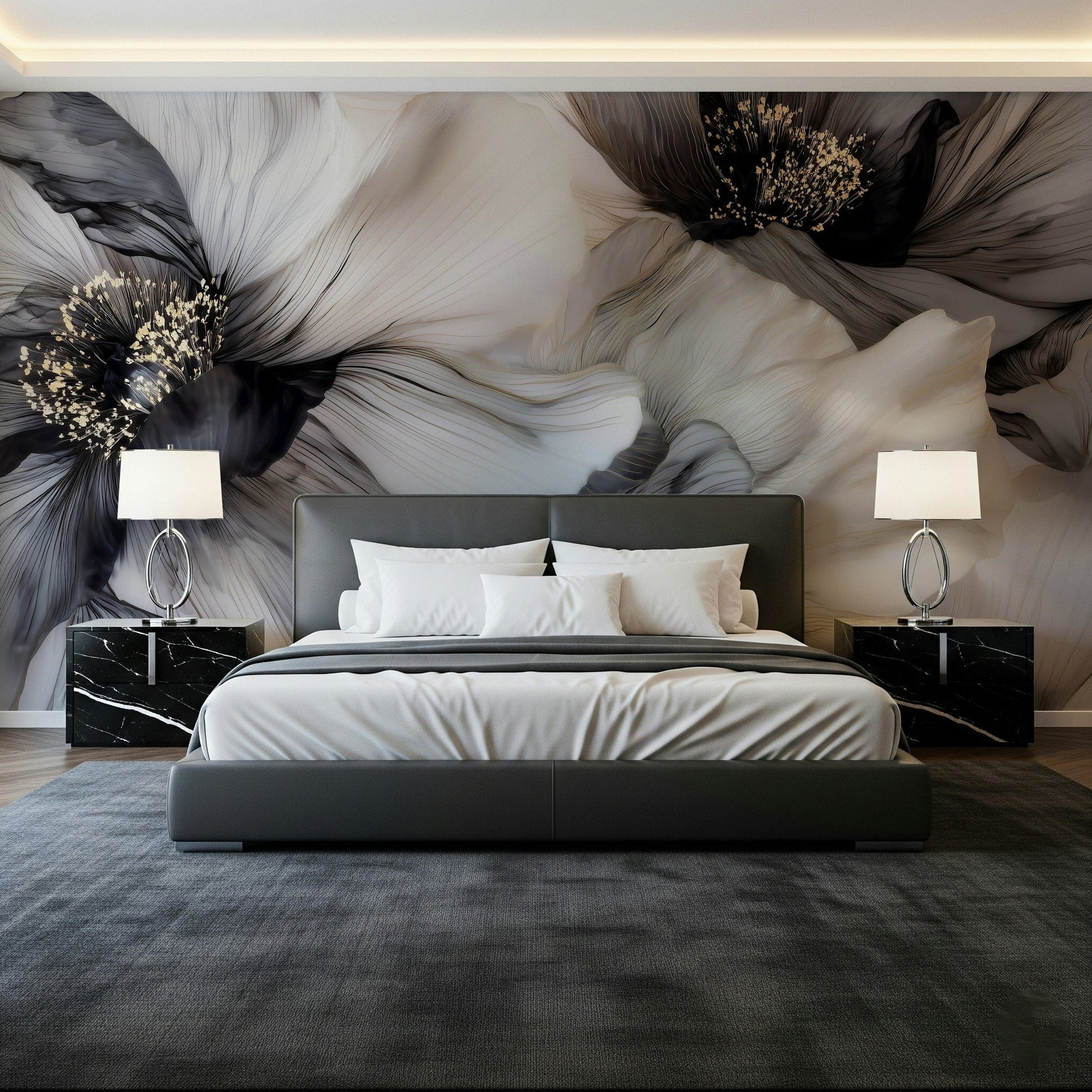 Modern monochrome floral Monochrome Petal Ink Flow Harmony mural