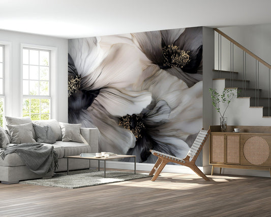 Ethereal fluid art Monochrome Petal Ink Flow Harmony wallpaper