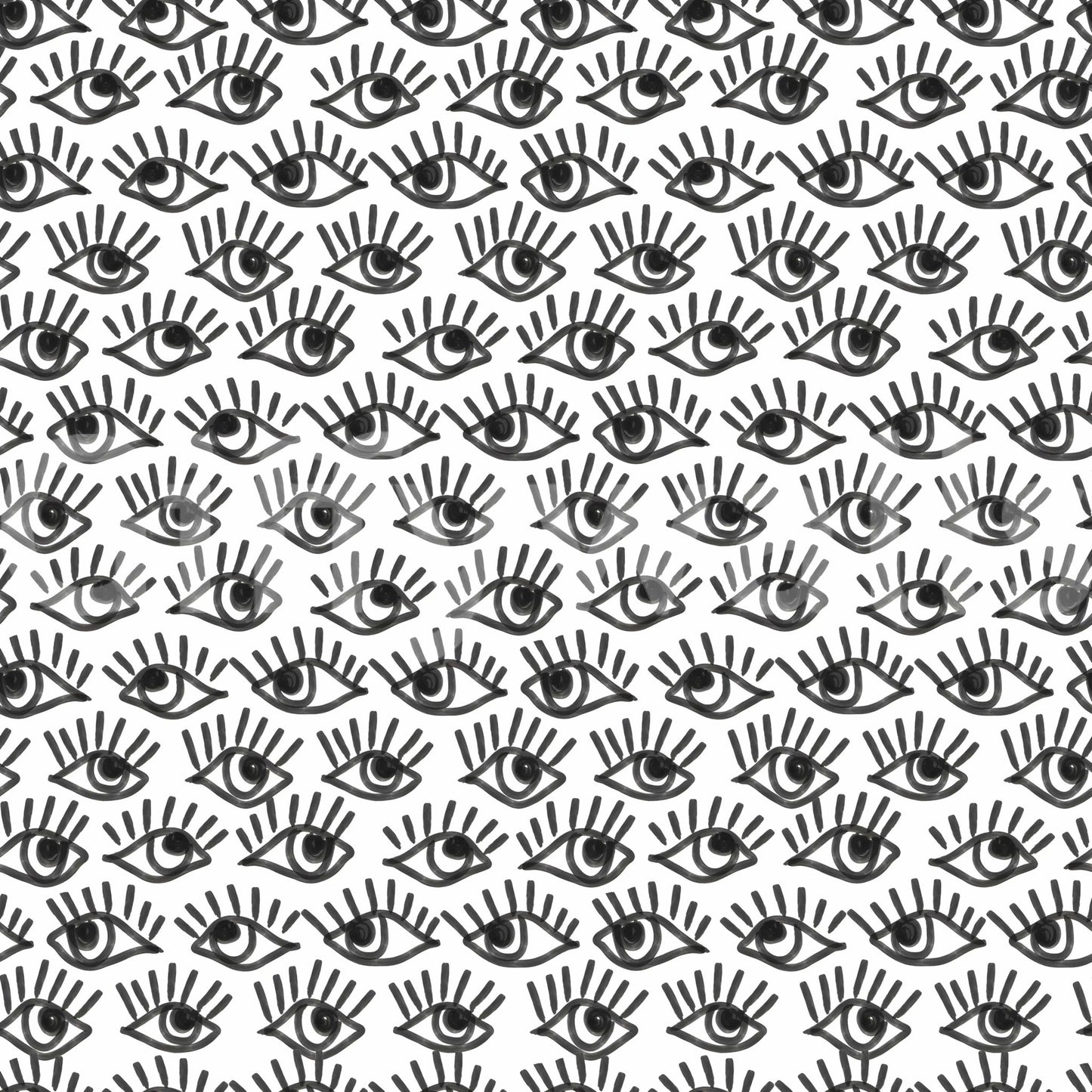 Monochrome Staring Eyes wallpaper mural close-up showing rows of hand-drawn black-and-white eyes with long lashes on white