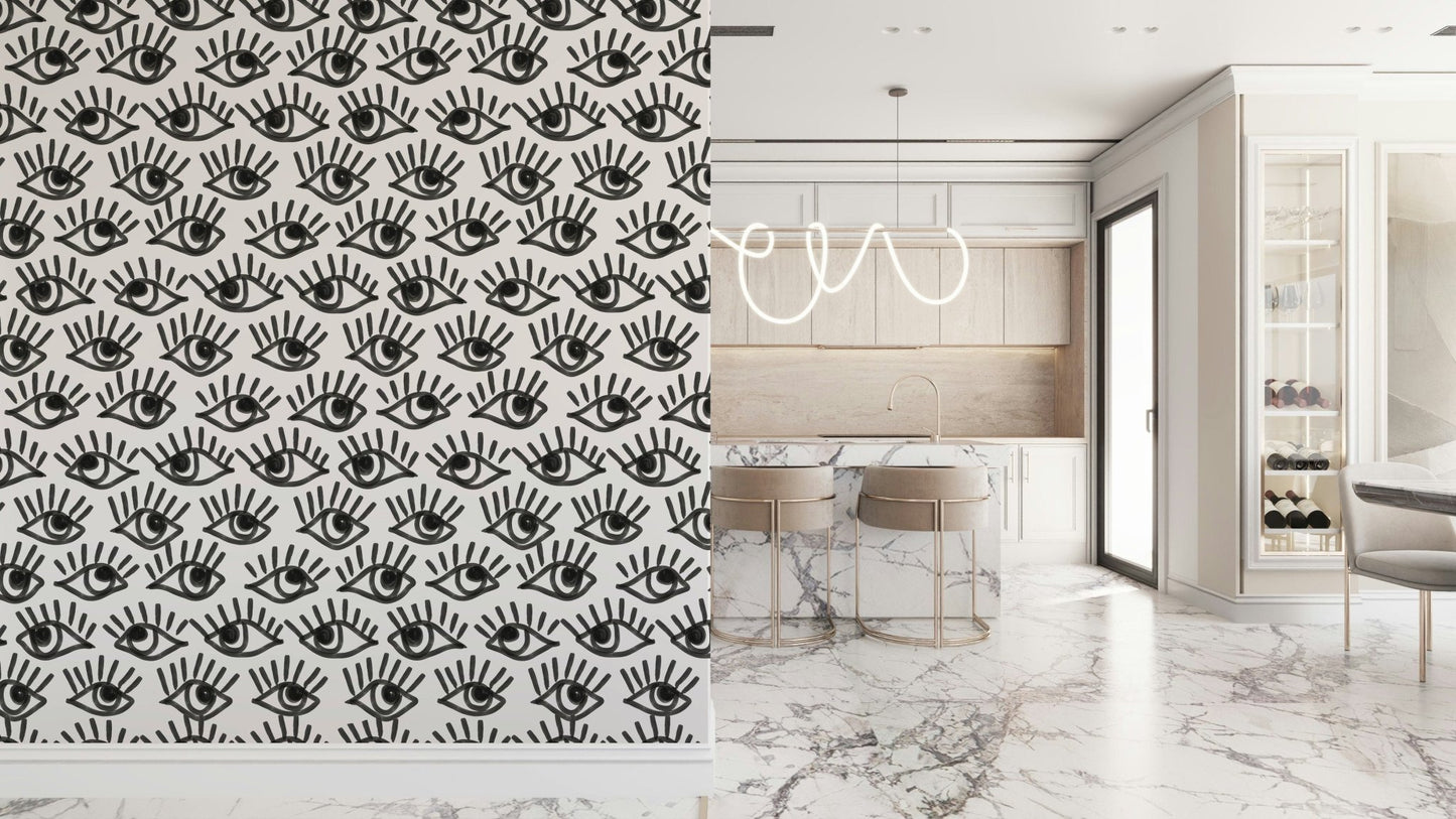 Monochrome Staring Eyes Wall Mural featuring bold black-and-white staring eyes pattern.