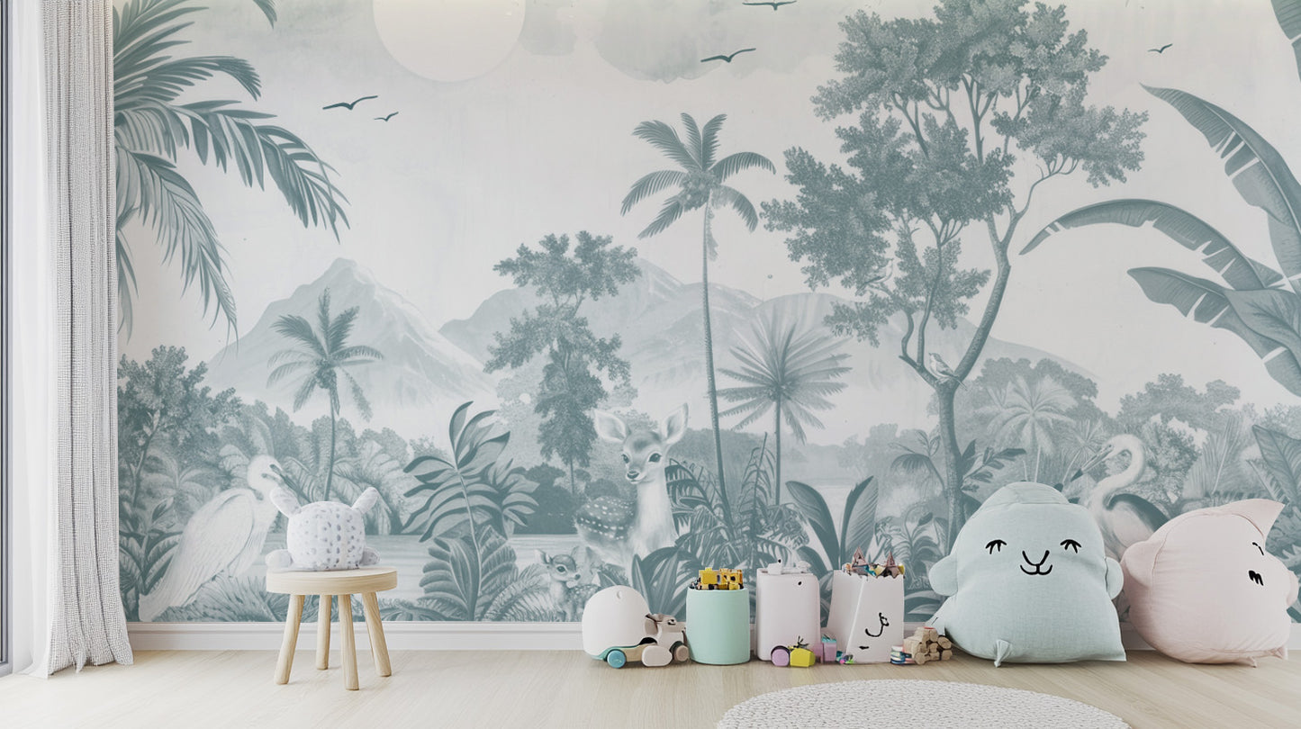 Scenic forest wallpaper mural with mountains and animals
