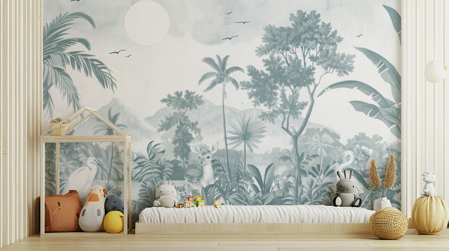 Black and white nature mural with forest and wildlife

