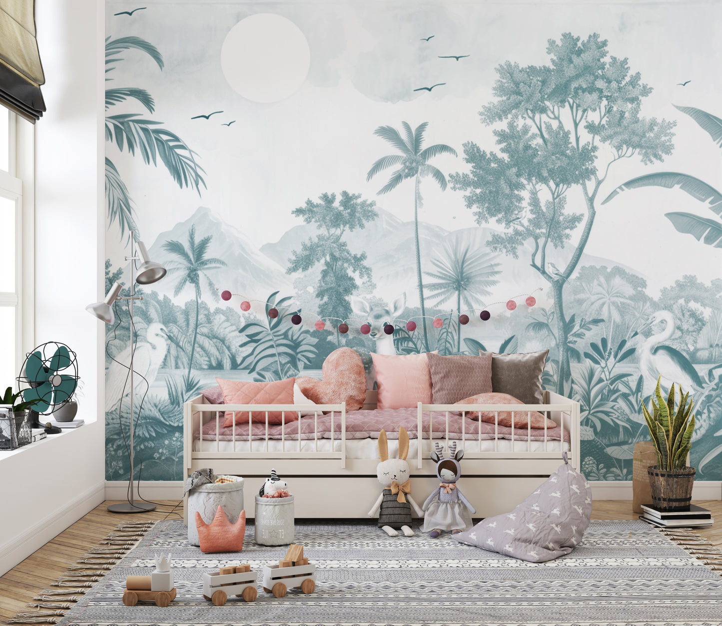 Wildlife-themed wallpaper mural with serene jungle scenery
